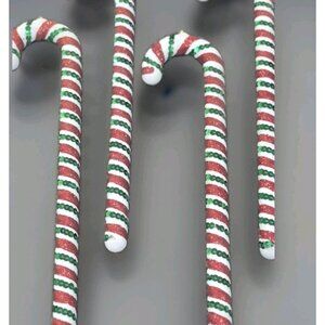 Set Of (4) Candy Canes Christmas Ornaments Red White & Green Sparkle  13"